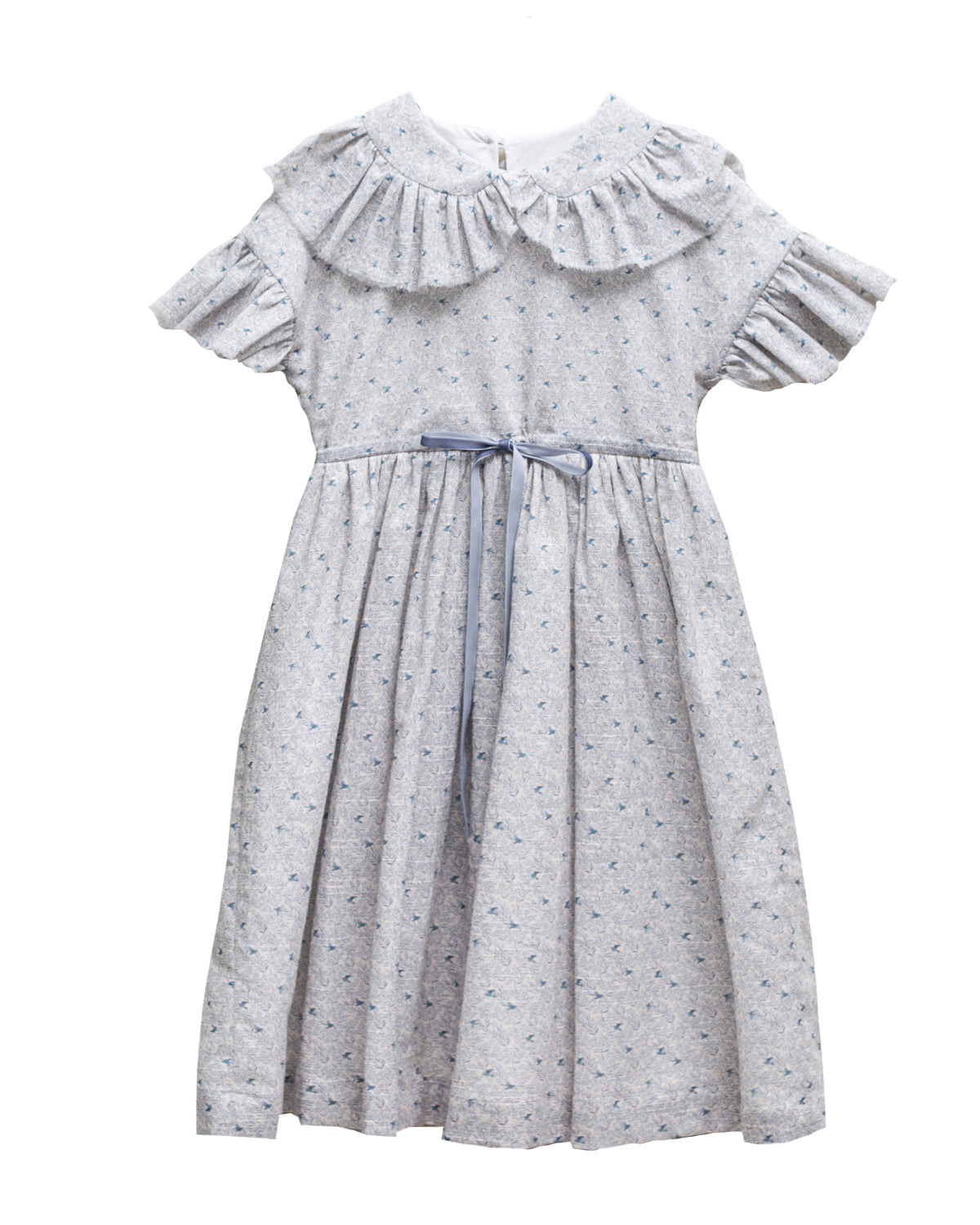 COSMOSOPHIE LIGHT BLUE SOFT FLORAL RUFFLE COLLAR DRESS