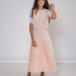 KIX LIGHT PINK DENIM FRINGE HEM PLEAT SKIRT