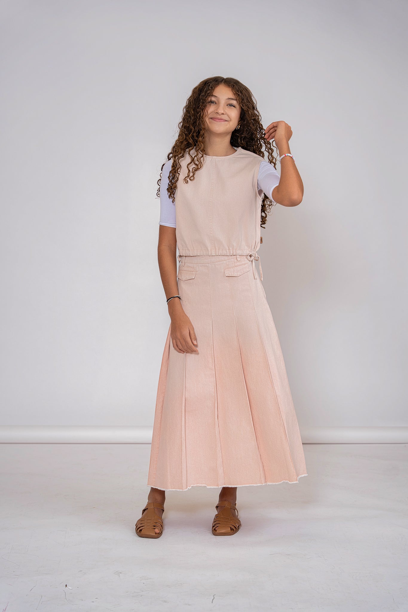 KIX LIGHT PINK DENIM FRINGE HEM PLEAT SKIRT