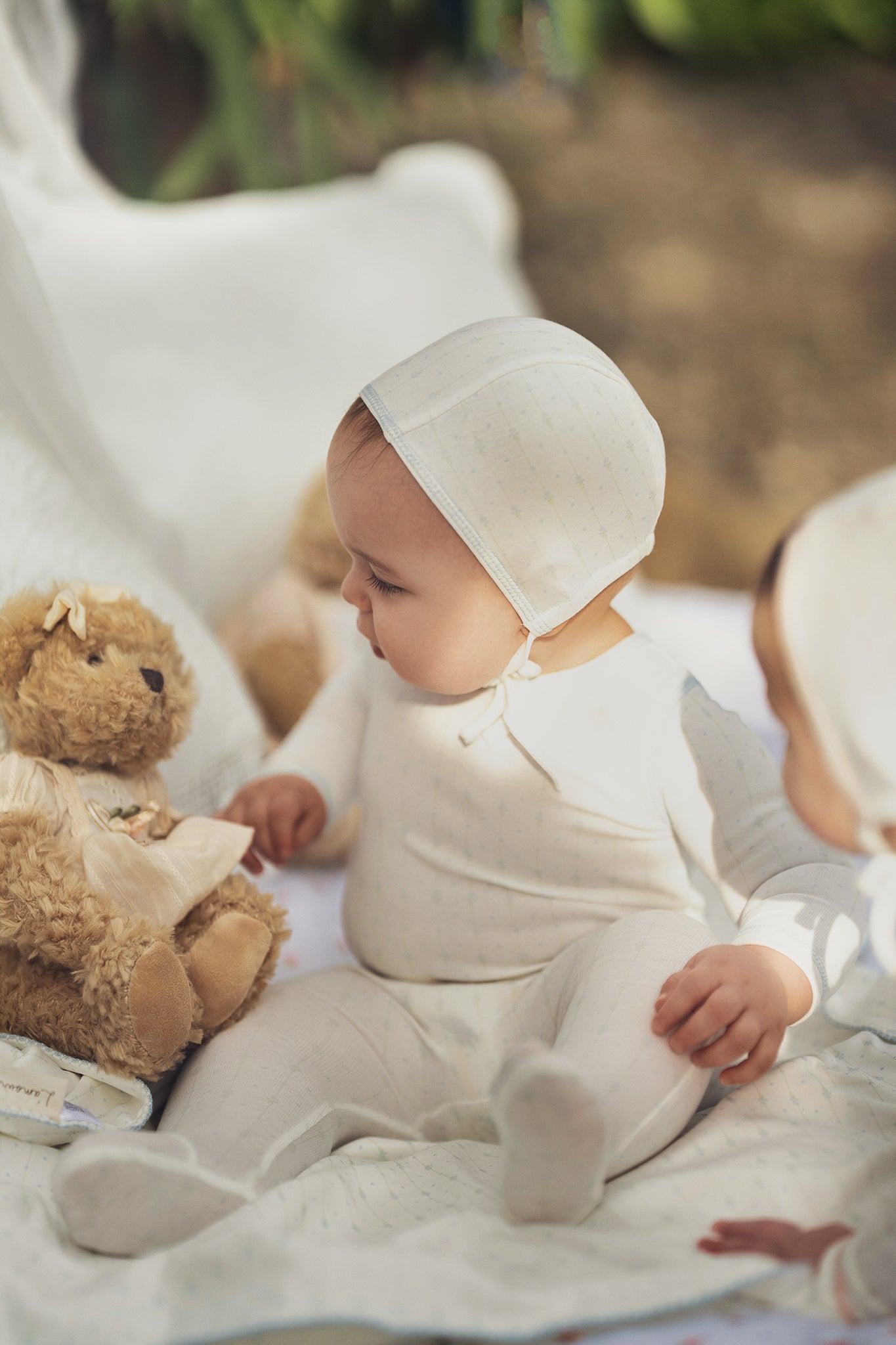 LAMOUR LOU BLUE STRIPE FLORAL FOOTIE + BONNET