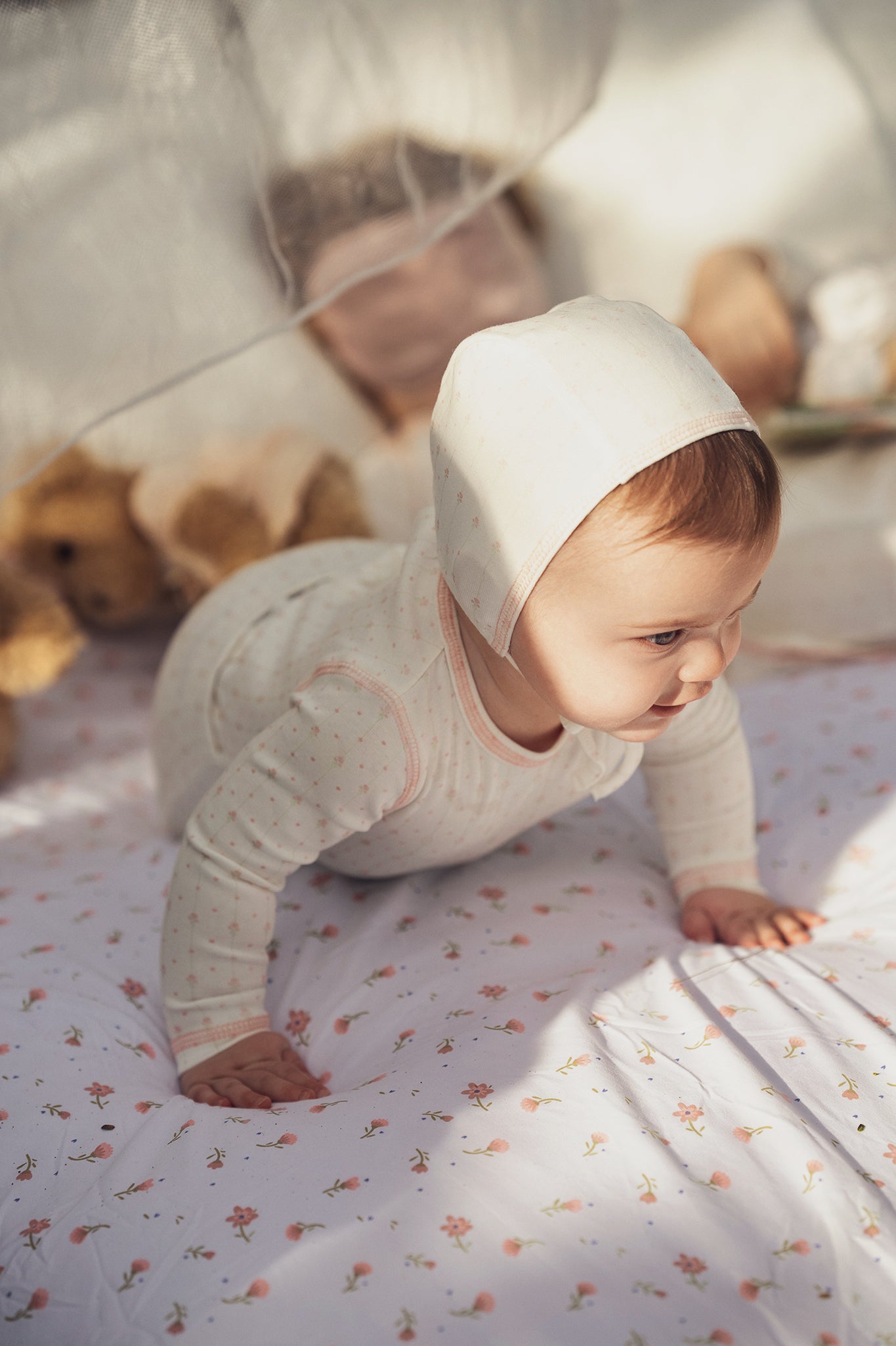 LAMOUR LOU PINK STRIPE FLORAL FOOTIE + BONNET