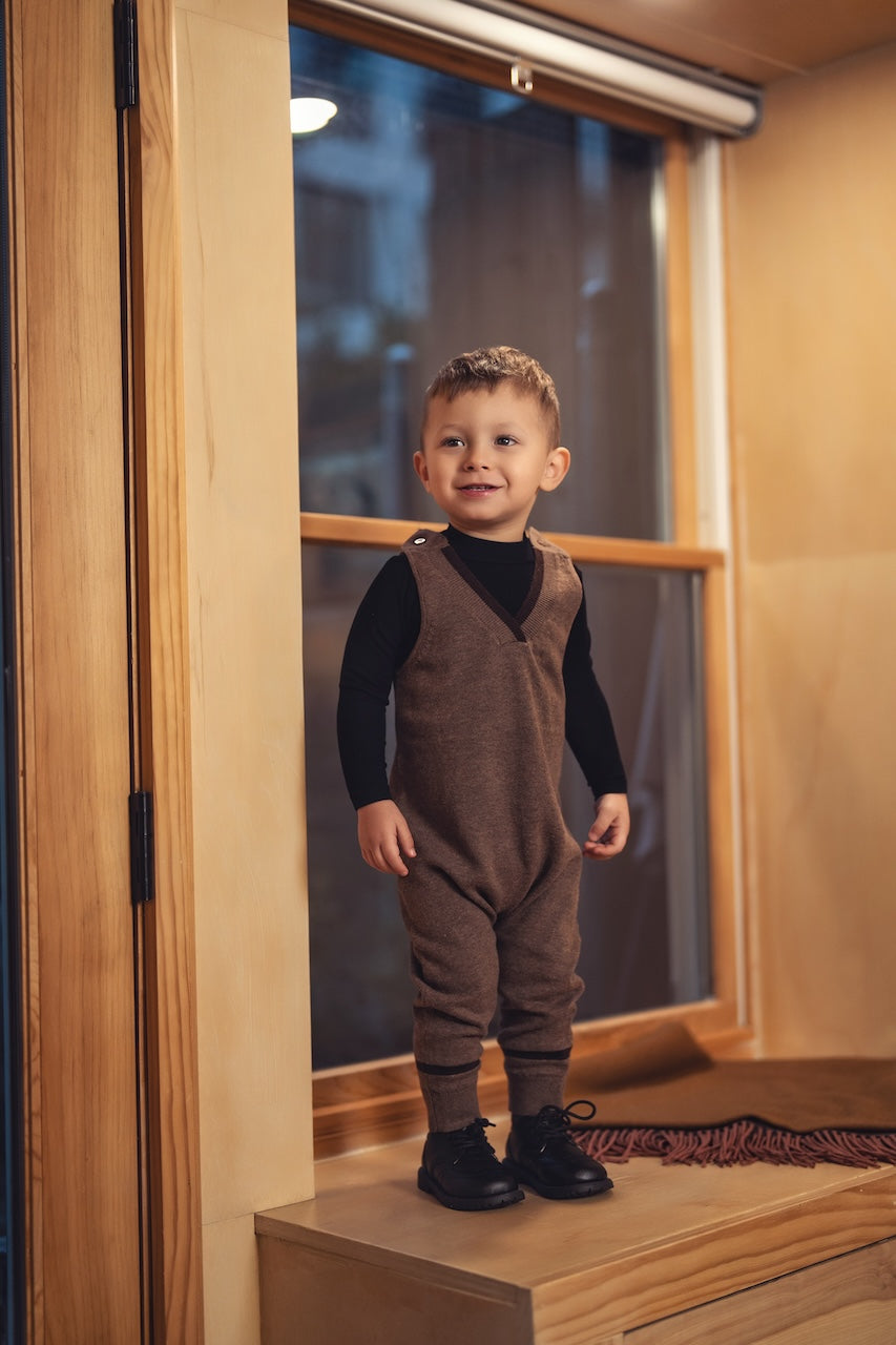 NUMU MOCHA STRIPED V-NECK OVERALLS
