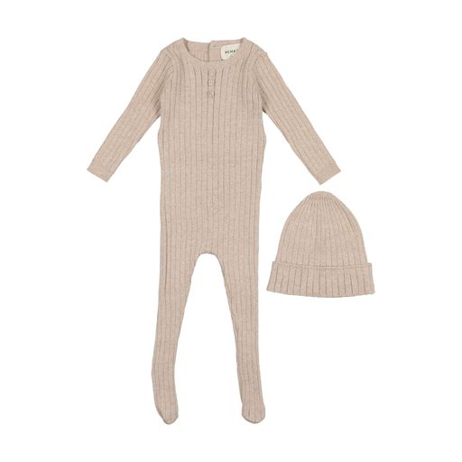 MEMA KNITS OATMEAL RIBBED KNIT FOOTIE AND BEANIE