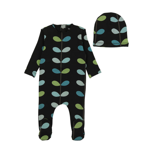 BEE & DEE BLACK/BLUE ORGANIC PRINTED FOOTIE+ BEANIE