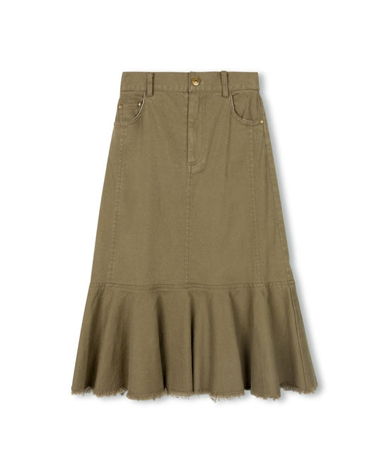 PHIL AND PHOEBE TAN DENIM RUFFLE HEM SKIRT