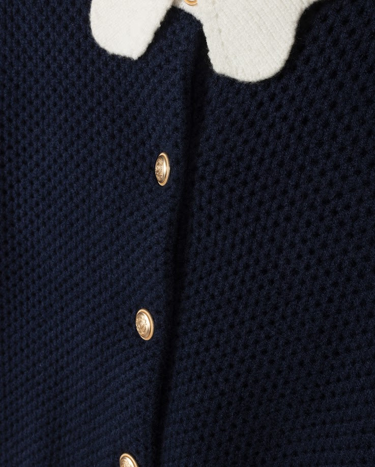 TUSTELLO NAVY POINTELLE SCALLOP COLLAR CARDIGAN