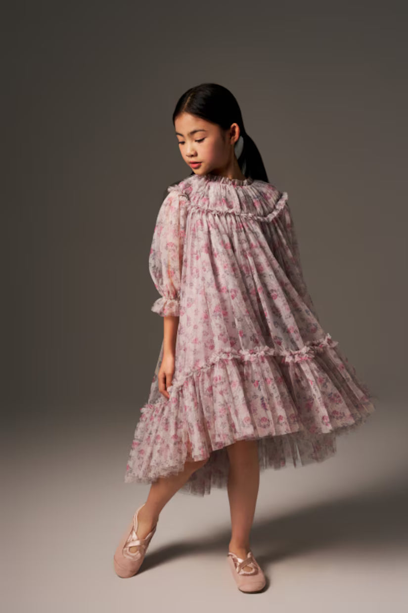 CERA UNA VOLTA PALE PINK TULLE ROSE PRINT TIERED DRESS