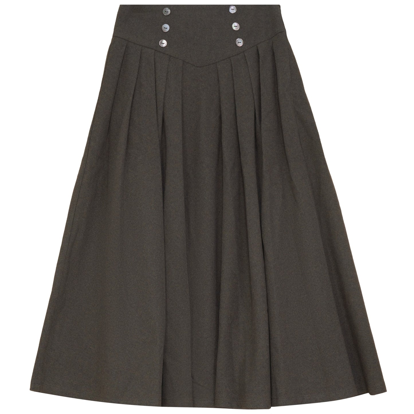 PIP + PIO GREEN WOOL V YOKE BUTTON MIDI SKIRT