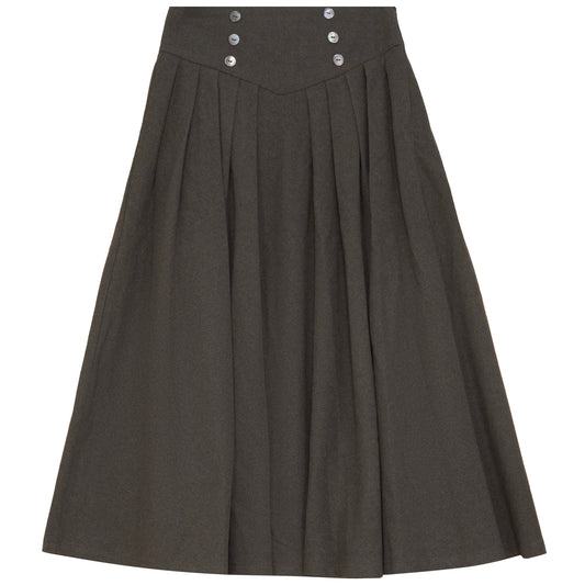 PIP + PIO GREEN WOOL V YOKE BUTTON MIDI SKIRT