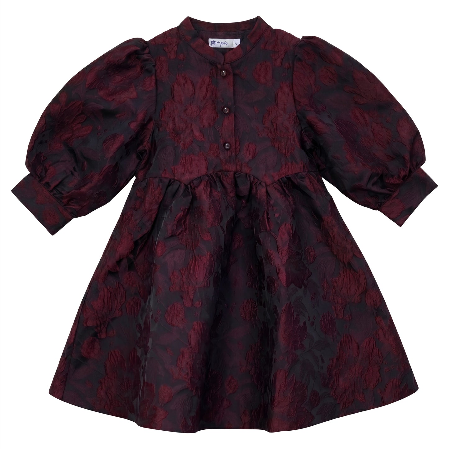 PIP + PIO BURGUNDY FLORAL BROCADE PUFF SLEEVE DRESS