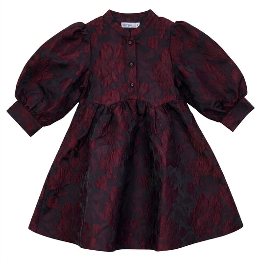 PIP + PIO BURGUNDY FLORAL BROCADE PUFF SLEEVE DRESS