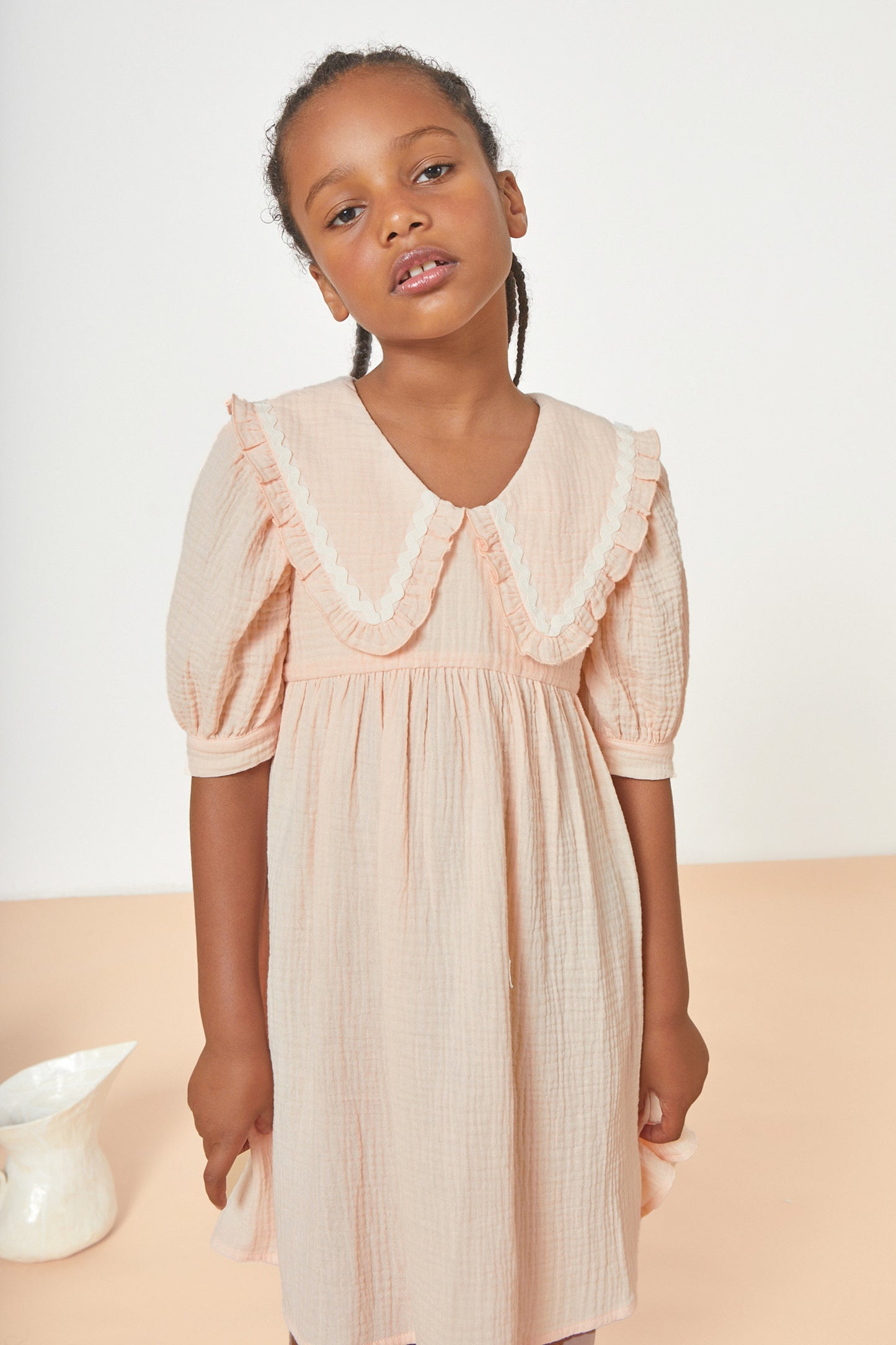 MIPOUNET PEACH COLLARED PUFF SLEEVE DRESS [FINAL SALE]