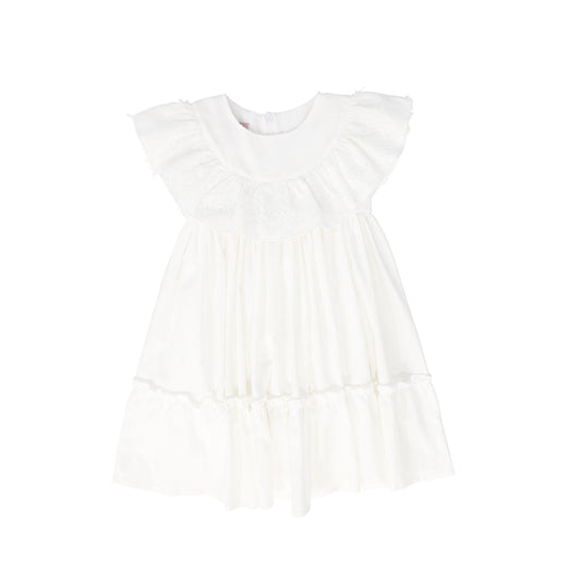 PHI WHITE FRAYED LACE RUFFLE TRIM DRESS