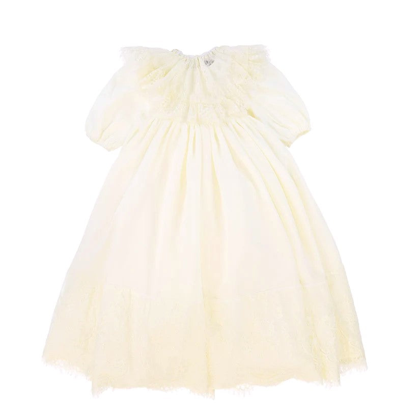 FRANCESCA GUILIANO BUTTER YELLOW LACE TRIM PUFF SLEEVE GOWN