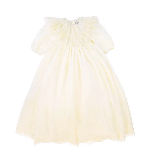 FRANCESCA GUILIANO BUTTER YELLOW LACE TRIM PUFF SLEEVE GOWN