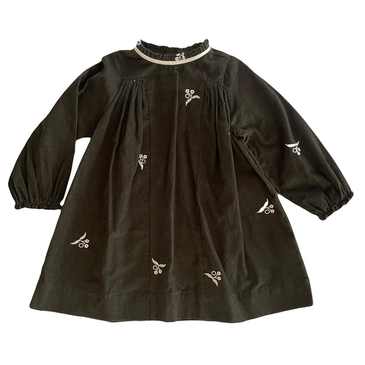 ORANGE DIMANCHE GREEN CORDUROY EMBROIDERED DRESS