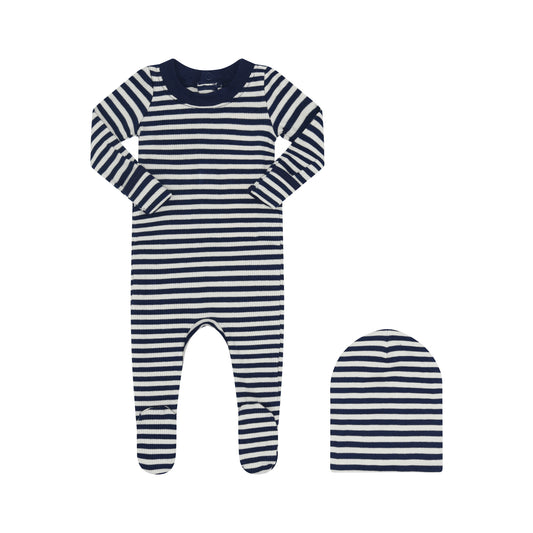 LITTLE PARNI BLUE/CREAM STRIPED FOOTIE + BEANIE