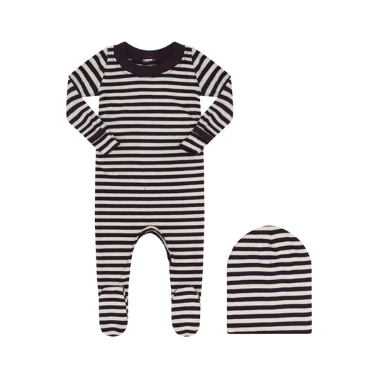 LITTLE PARNI PURPLE/CREAM STRIPED FOOTIE + BEANIE