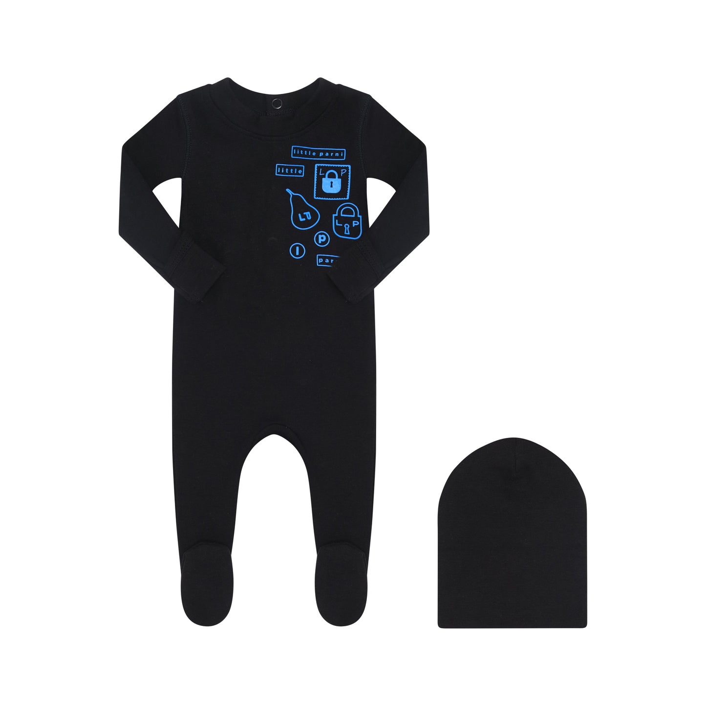 LITTLE PARNI BLACK/BLUE MULTI PATCH FOOTIE + BEANIE