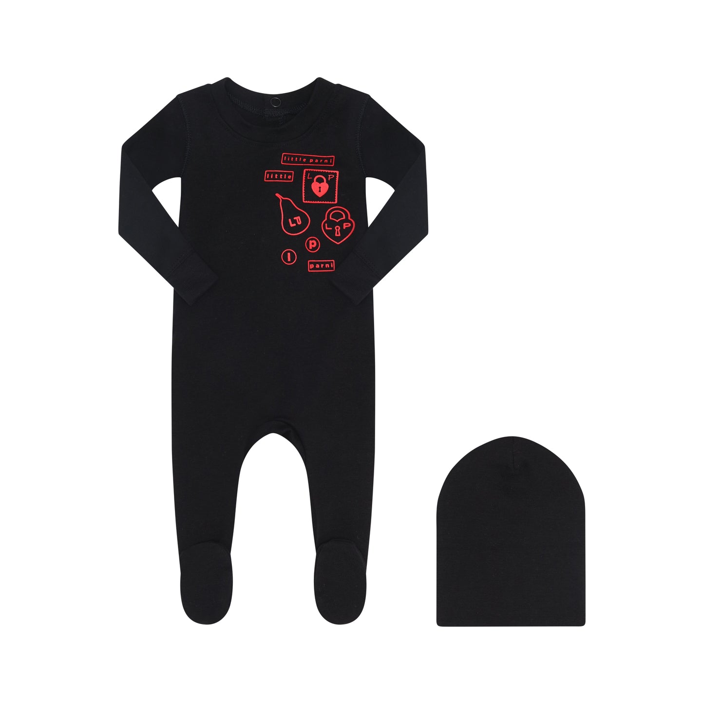 LITTLE PARNI BLACK/RED MULTI PATCH FOOTIE + BEANIE [FINAL SALE]