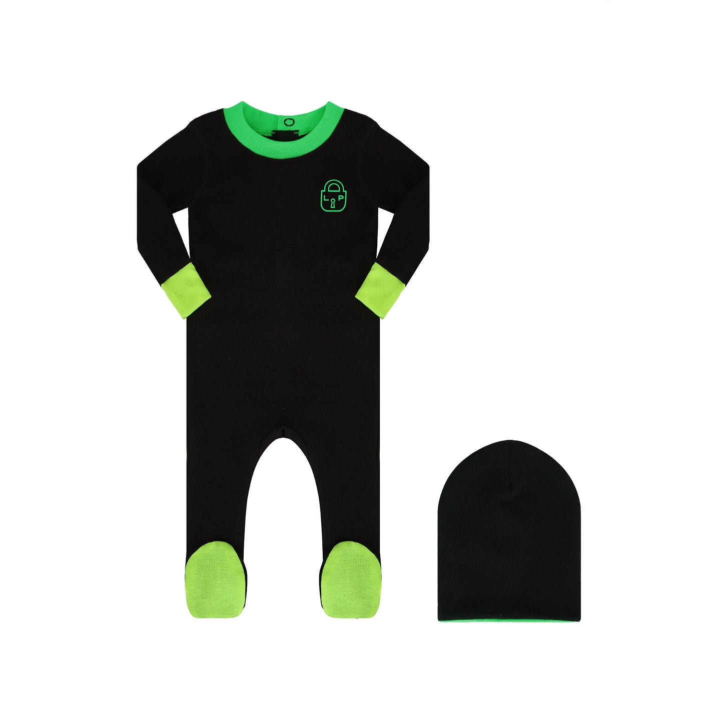 LITTLE PARNI BLACK/GREEN HEARTLOCK CUFF FOOTIE SET