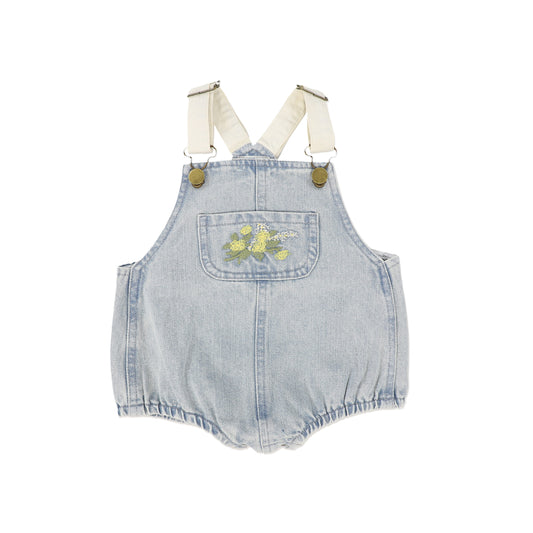 PLEASE MOM KIDS BLUE DENIM WASH EMBROIDERED ROMPER