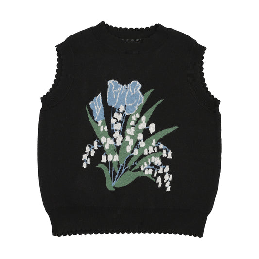 PRAIRIE BLACK/BLUE FLOWER PATCH KNIT VEST