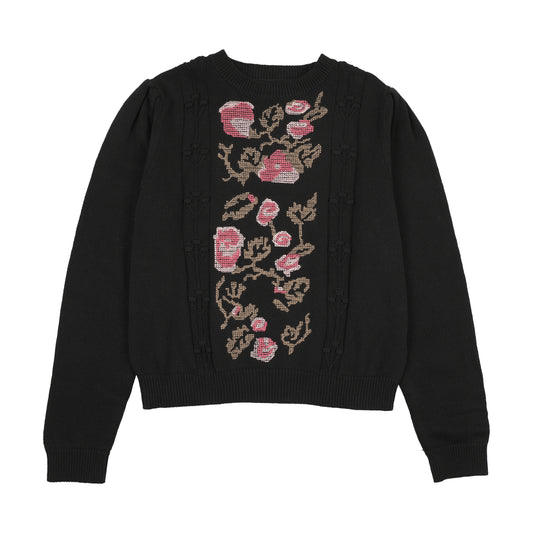 PRAIRIE BLACK EMBROIDERED FLORAL PATCH SWEATER