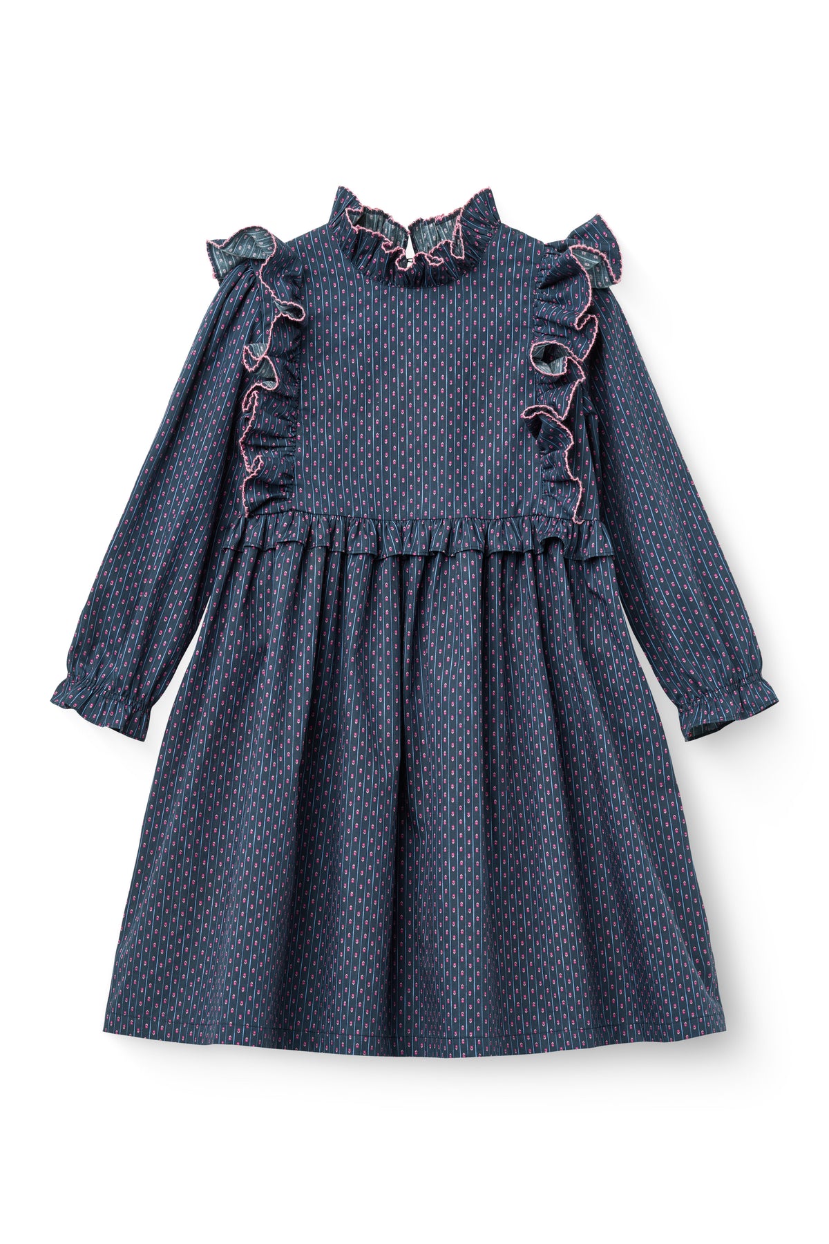 COPENHAGEN COLOR NAVY PRINT RUFFLE TRIM DRESS