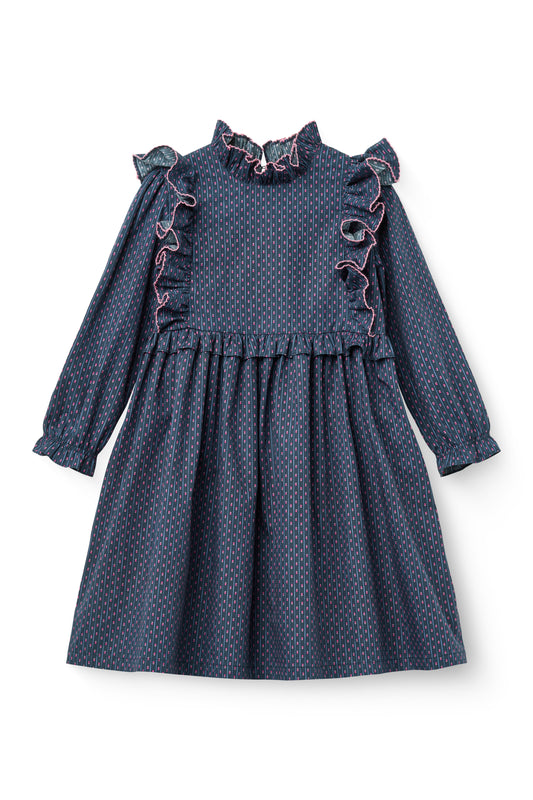 COPENHAGEN COLOR NAVY PRINT RUFFLE TRIM DRESS