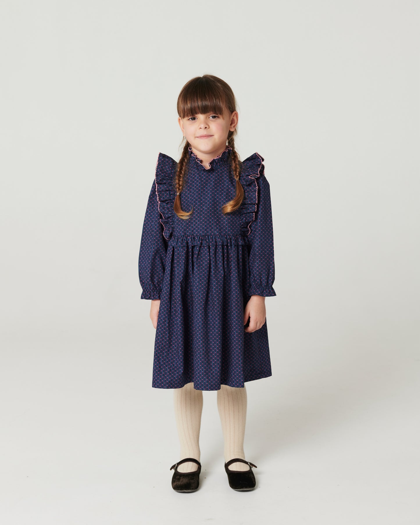 COPENHAGEN COLOR NAVY PRINT RUFFLE TRIM DRESS