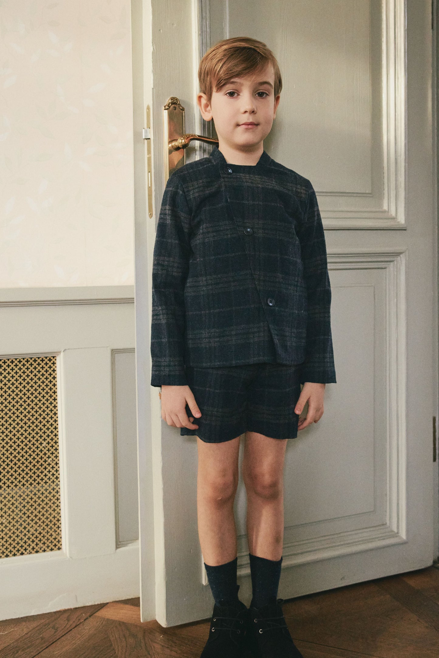 PERNILLE NAVY PLAID SUSPENDER SHORTS