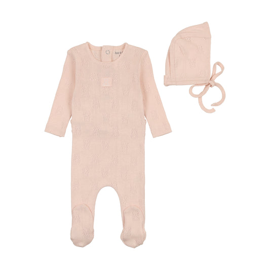 BEE & DEE PINK TEDDY POINTELLE FOOTIE + BONNET