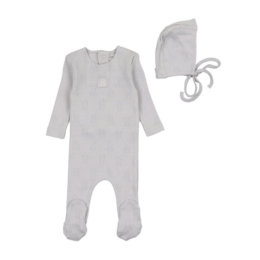 BEE & DEE BLUE TEDDY POINTELLE FOOTIE + BONNET