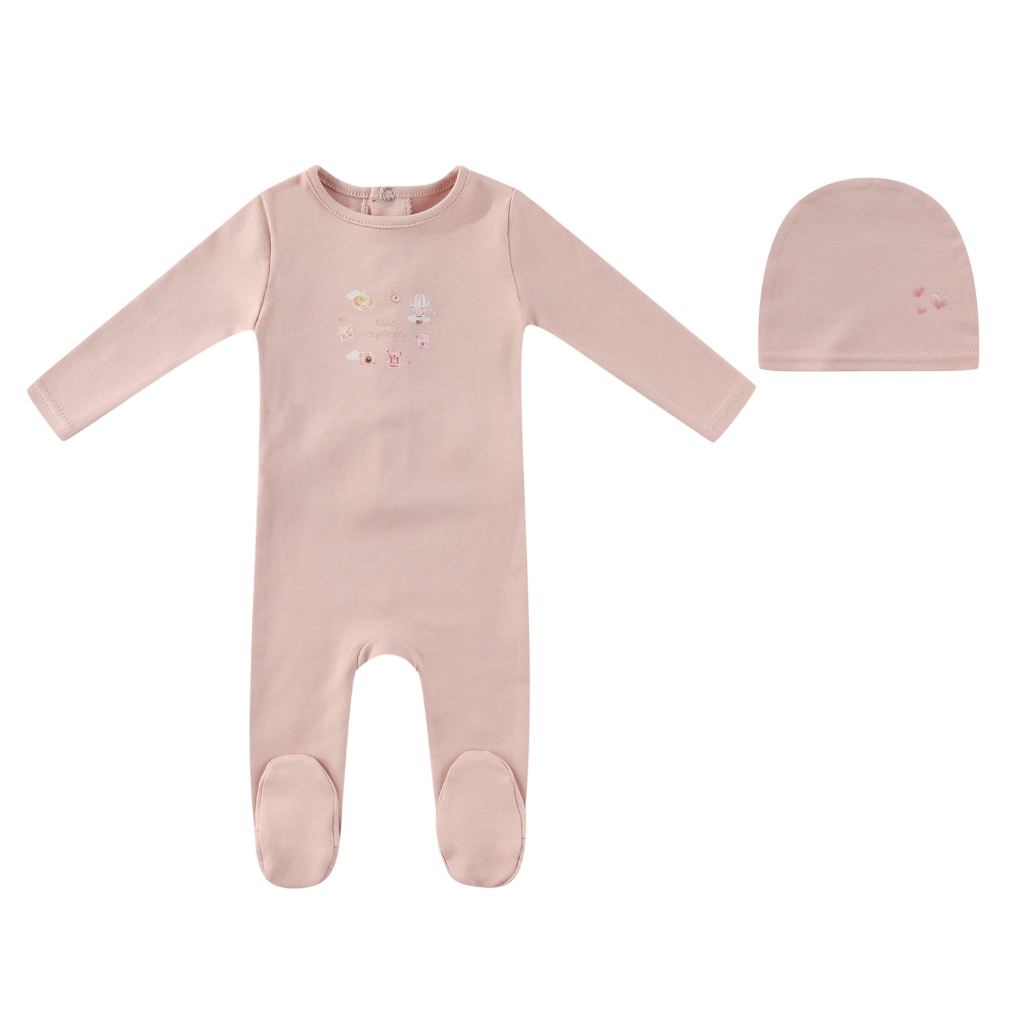 MINI LABEL PINK EXPLORER FOOTIE + BEANIE