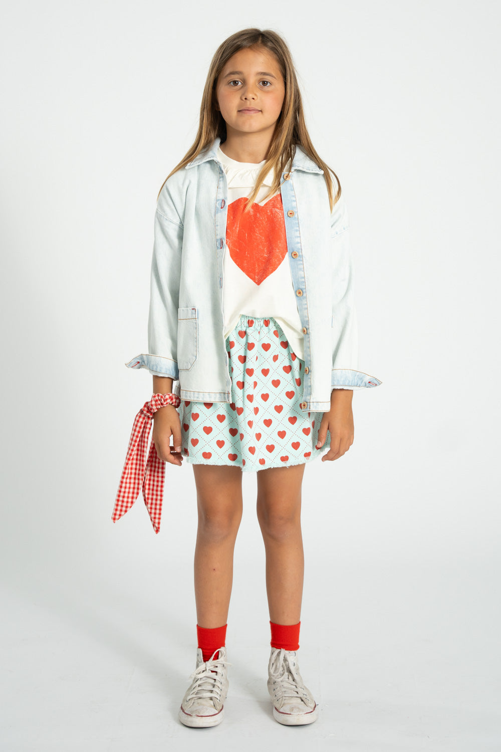 PIUPIUCHICK ECRU HEART PATCH RUFFLE COLLAR T-SHIRT