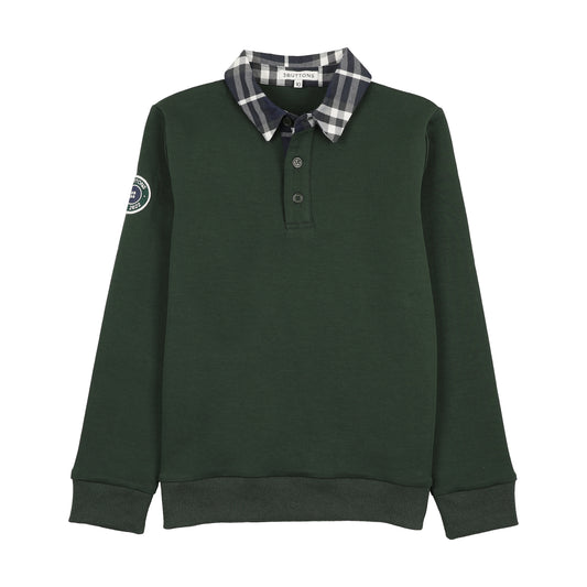 3 BUTTONS GREEN PLAID COLLAR SWEATSHIRT