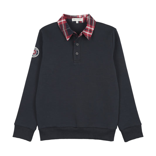 3 BUTTONS NAVY PLAID COLLAR SWEATSHIRT