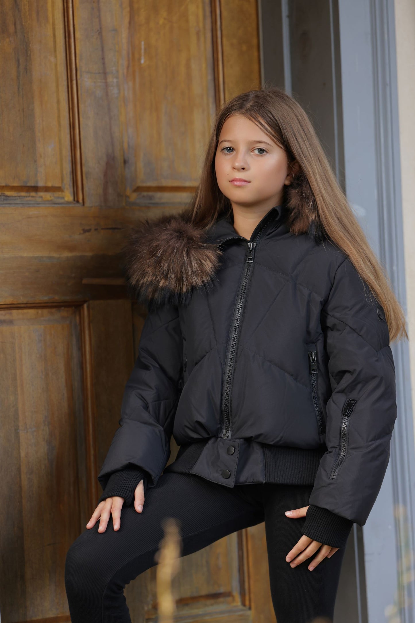 PRAMIE BLACK QUILTED FUR TRIM COAT