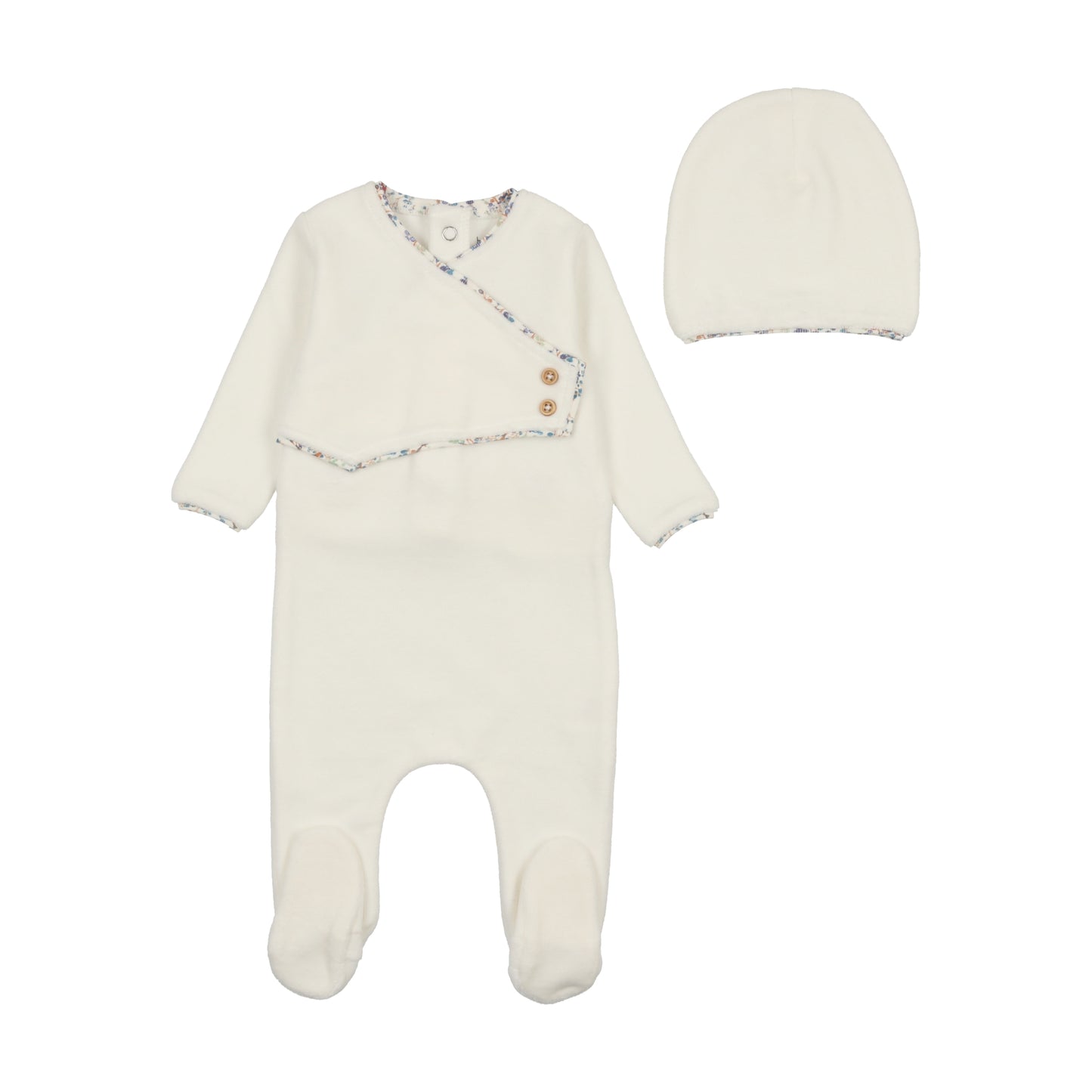 BEE & DEE IVORY/BLUE TRIM WRAP FOOTIE + BEANIE