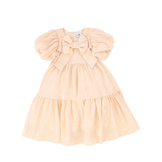 RASPBERRY PLUM PEACH CRINKLE BOW PUFF SLEEVE DRESS