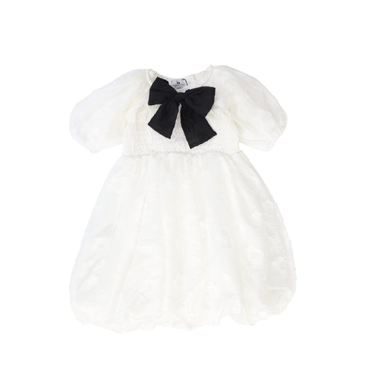 RASPBERRY PLUM WHITE SMOCKED PUFF SLEEVE BOW DRESS