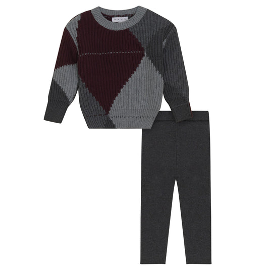 MANN GREY ARGYLE COLORBLOCK SWEATER SET