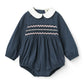 COPENHAGEN COLOR NAVY EMBROIDERED SMOCKED PETER PAN COLLAR ROMPER