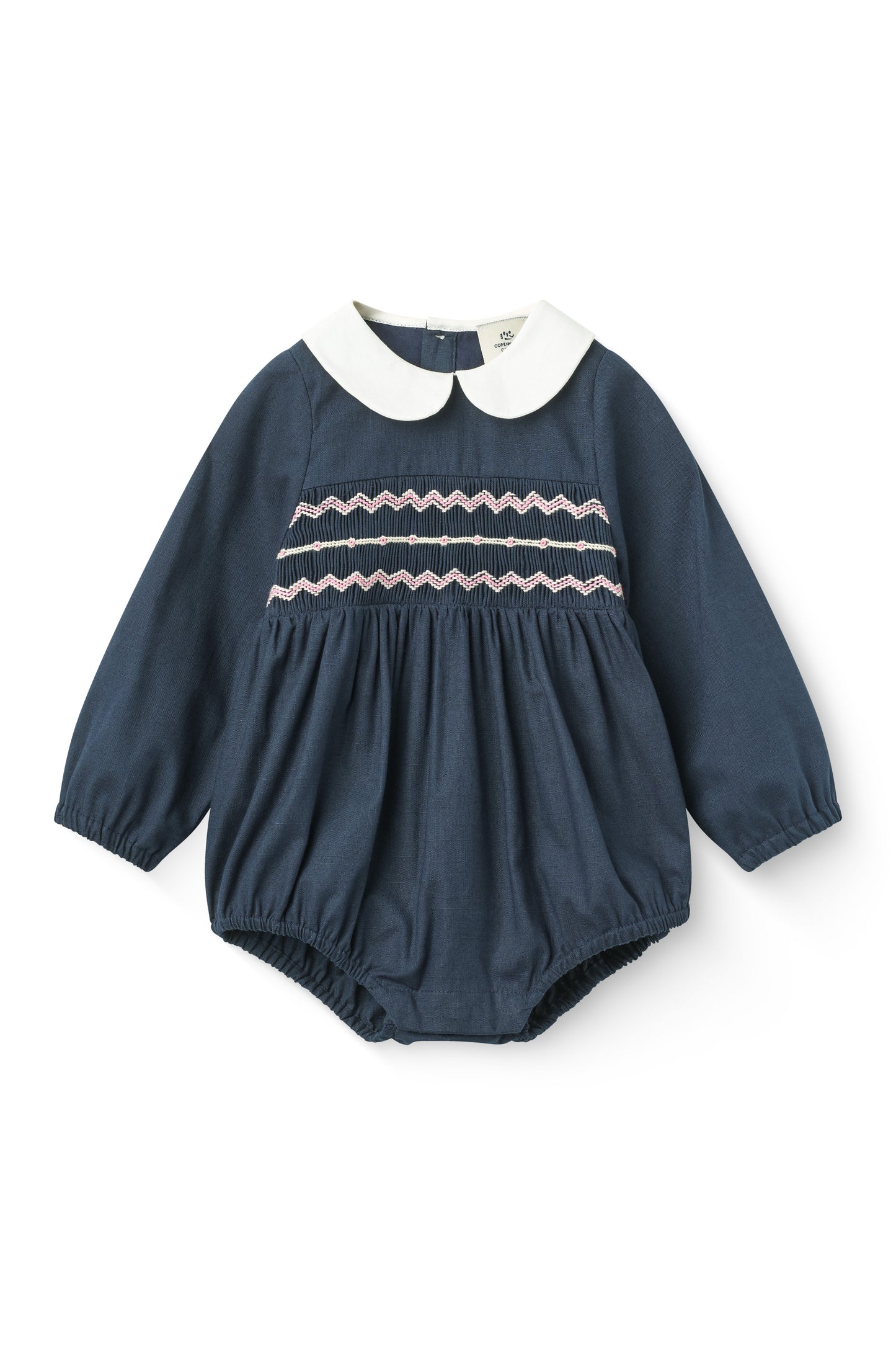 COPENHAGEN COLOR NAVY EMBROIDERED SMOCKED PETER PAN COLLAR ROMPER