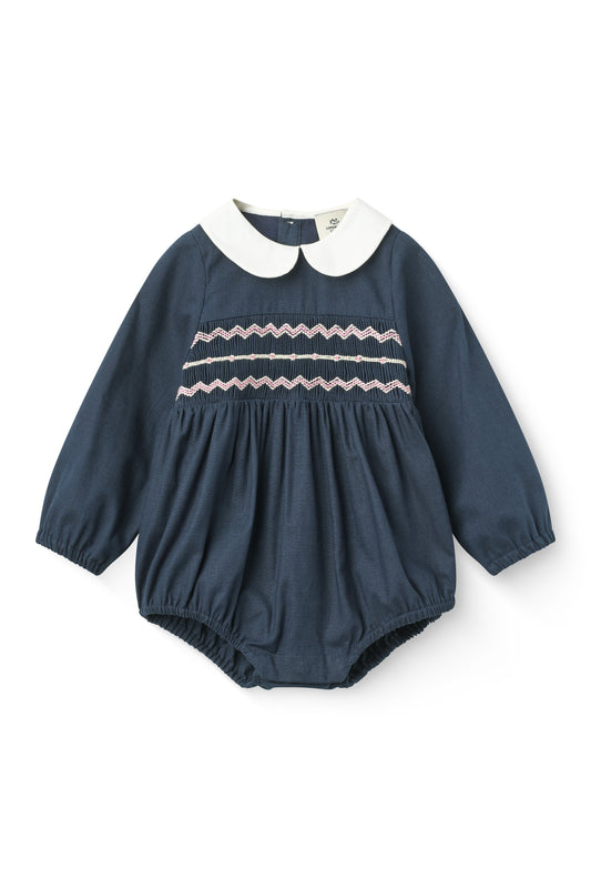 COPENHAGEN COLOR NAVY EMBROIDERED SMOCKED PETER PAN COLLAR ROMPER