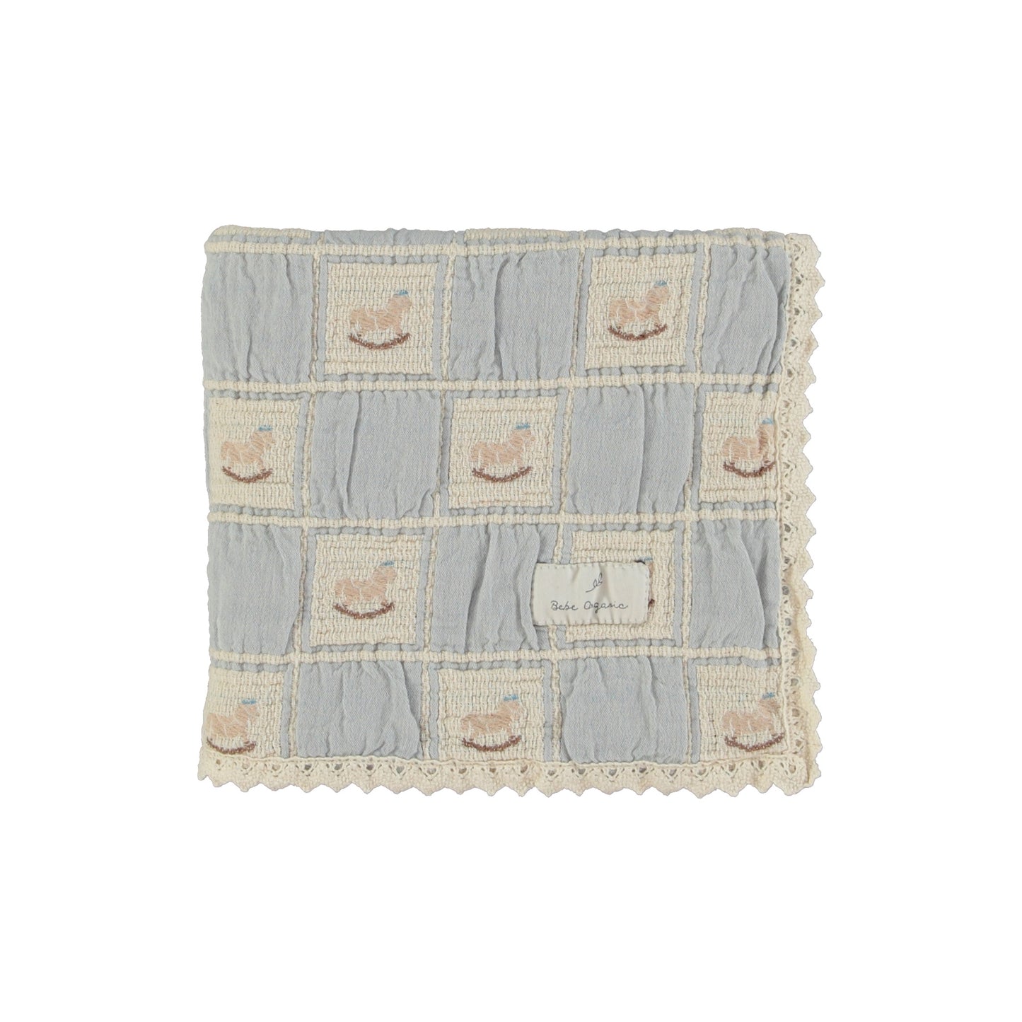 BEBE ORGANIC BLUE ROCKING HORSE PATCHWORK BLANKET