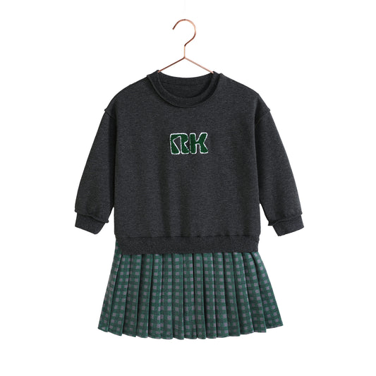 RETRO KID GREY/GREEN PLEATED SWEATSHIRT DRESS