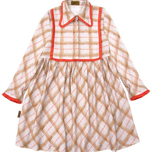 HEBE BROWN CHECKERED TEXT PRINT RED RUFFLE TRIM DRESS [Final Sale]
