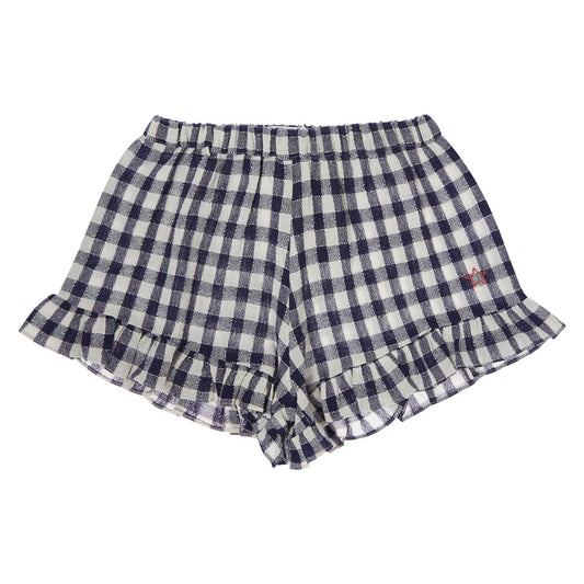 TOCOTO VINTAGE NAVY CHECKED RUFFLE SHORTS